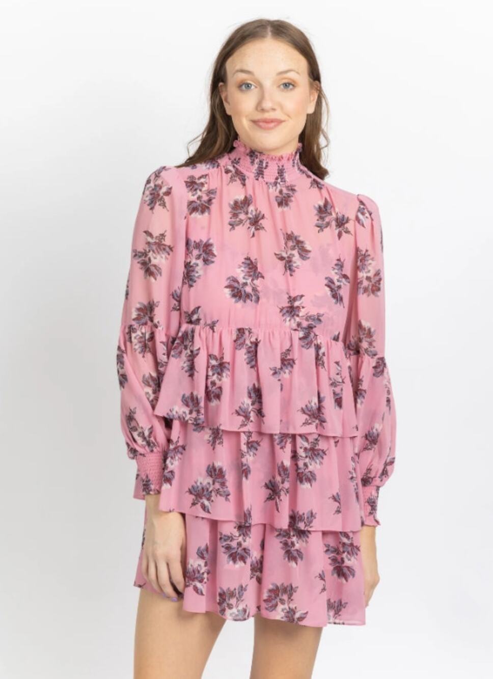 Cinq a Sept Corrine Pink Floral High Neck Tiered Long Sleeve Mini Dress Women 4